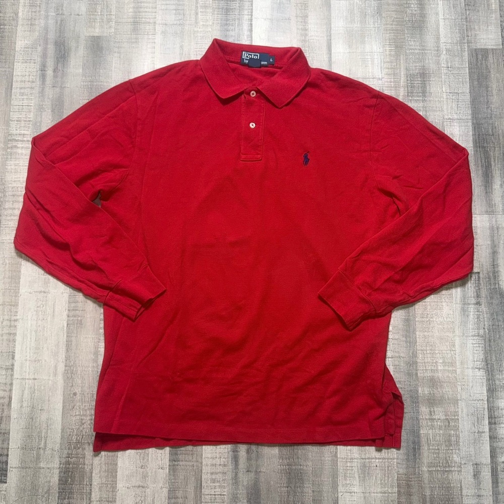 Vintage Polo Ralph Lauren Red Long Sleeve Rugby Polo Shirt L Pique Cotton